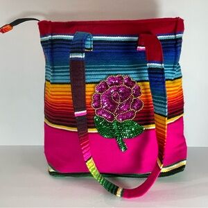 Serape tote bag with sequin pink rose patch